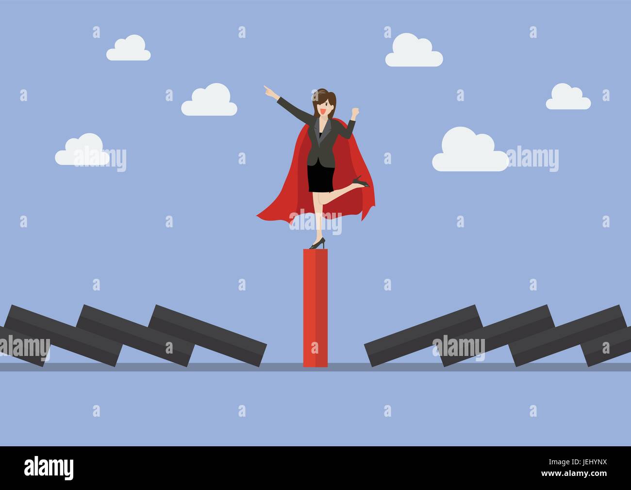 Business woman on unique red domino tile among falling black dominoes. Be different concept Stock Vector