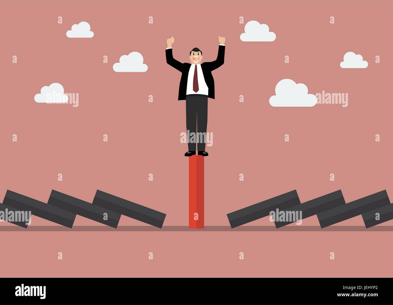 Businessman celebrating on unique red domino tile among falling black dominoes. Be different concept Stock Vector