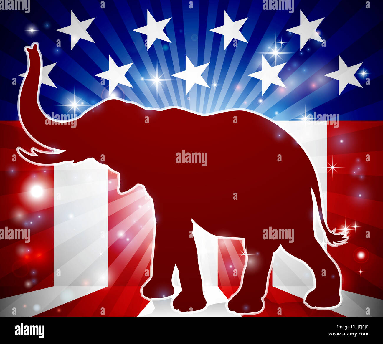 An elephant in silhouette with trunk in the air and an American flag in the background republican political mascot Stock Photo