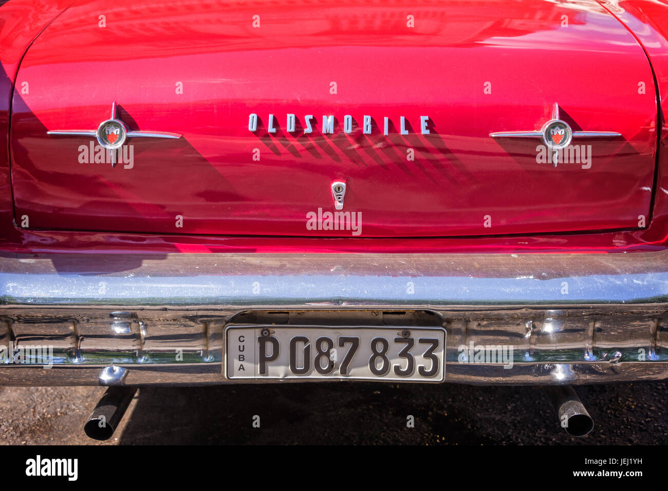 HAVANA, CUBA - APRIL 18: Detail of a red classic american Oldsmobile car, on April 18, 2016 in Havana Stock Photo