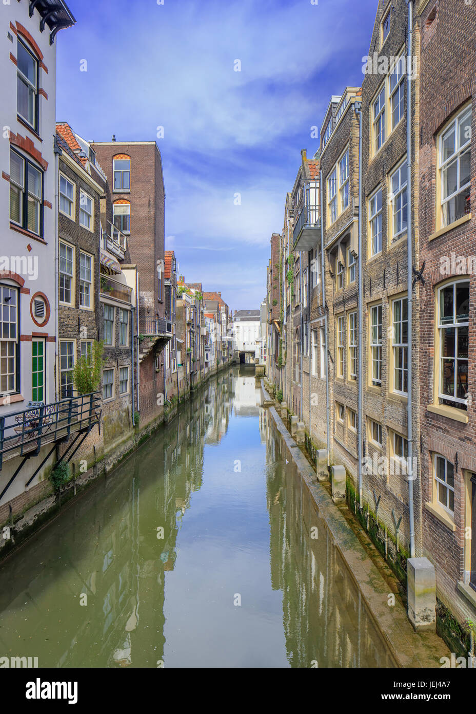 View on a green canal with ancient brick houses reflected, Dordrecht, Netherlands. Stock Photo