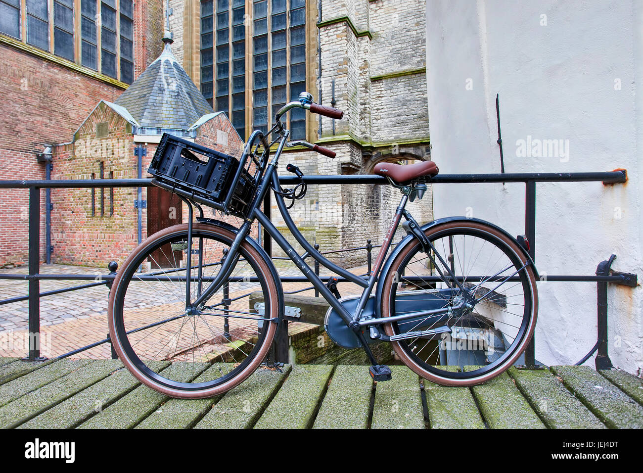 GOUDA-HOLLAND-MARCH 18. Parked Rivel T620 vintage transport bike. Rivel was a Dutch bicycle manufacturer, adopted by Union in 1993. Stock Photo