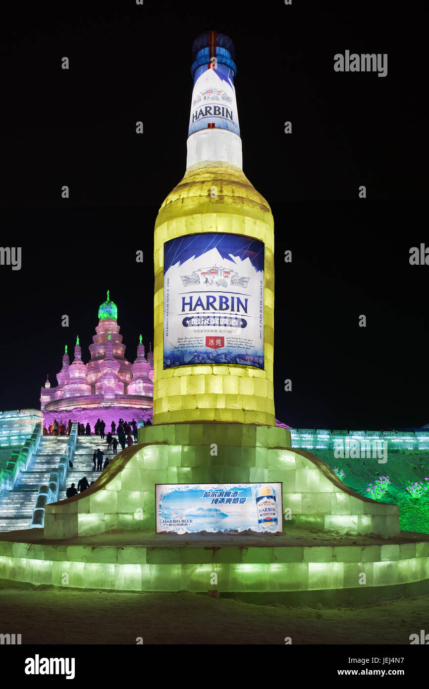 HARBIN-CHINA, JAN. 17, 2010. Beer bottle made of ice blocks at Harbin Ice Sculpture Festival. It is one of the world’s largest Ice festivals. Stock Photo