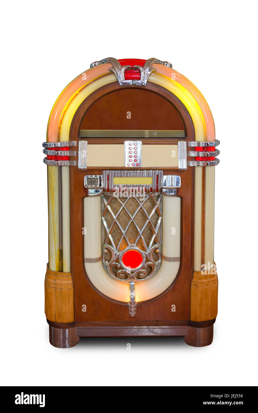 Real vintage jukebox retro music player isolated on white background Stock Photo