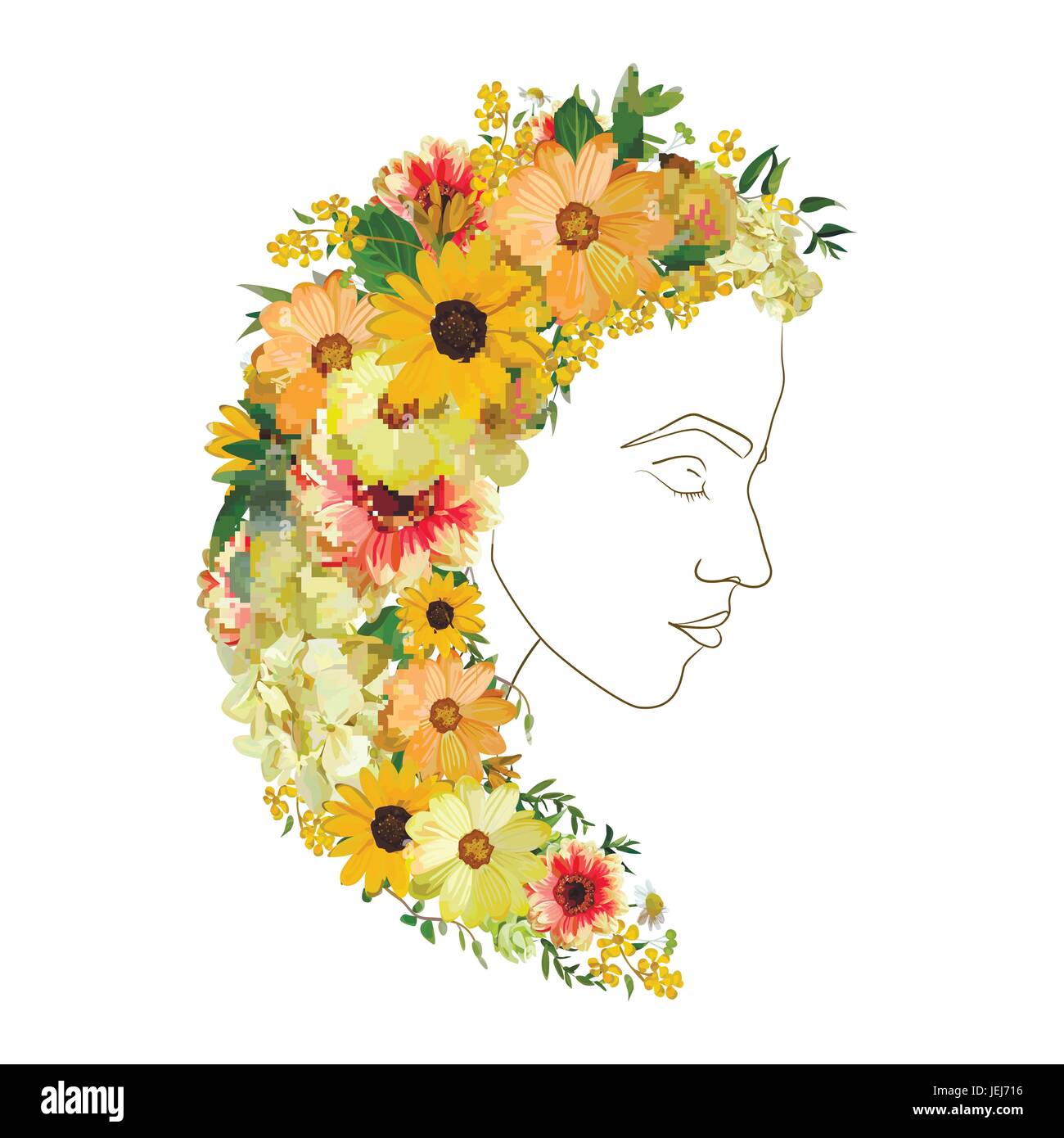 Vector floral female line silhouette portrait of beautiful woman with  watercolor sunflower dahlia flowers, eucalyptus greenery hair on head.  Young, de Stock Vector Image & Art - Alamy