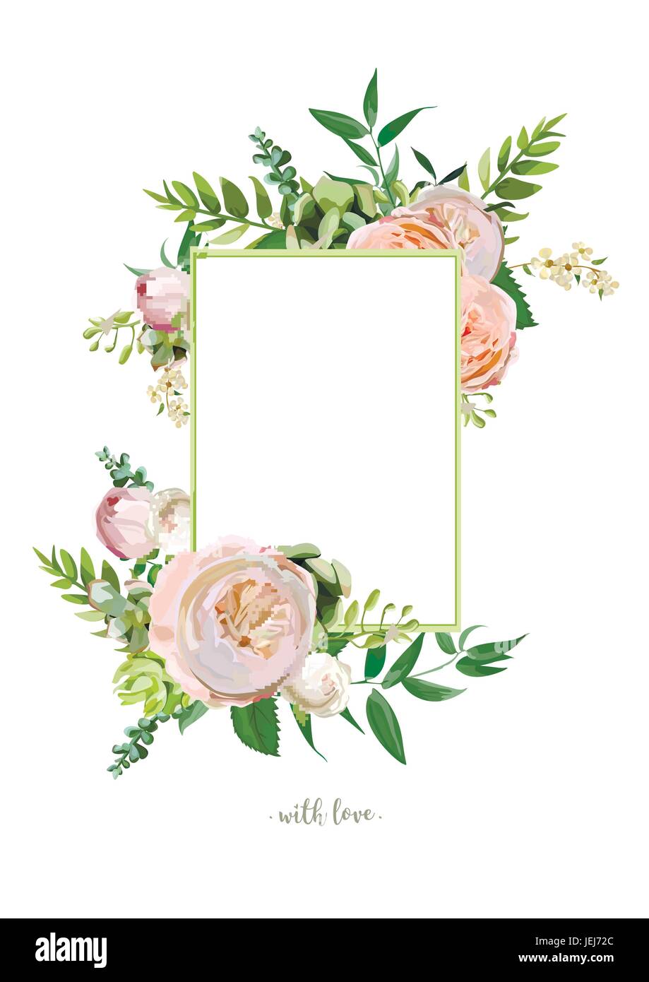 Vector floral design vertical card. Soft pink peach english garden rose, eucalyptus green fern seasonal branches, leaves mix. Delicate Greeting invita Stock Vector