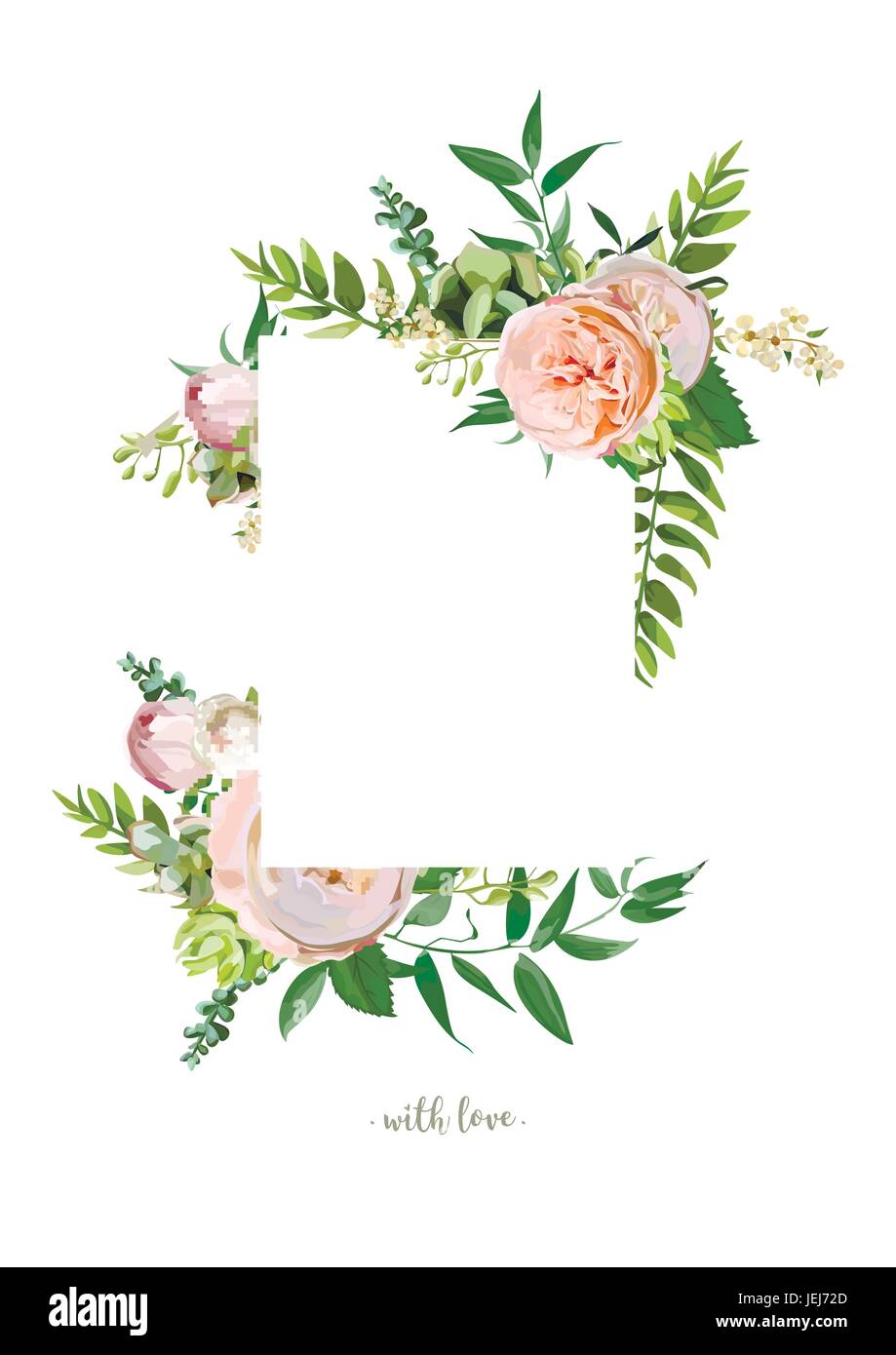 Vector design vertical card. Pink delicate soft french roses flowers green eucalyptus, branches, leaves greenery. Elegant sweet summer copy space blan Stock Vector