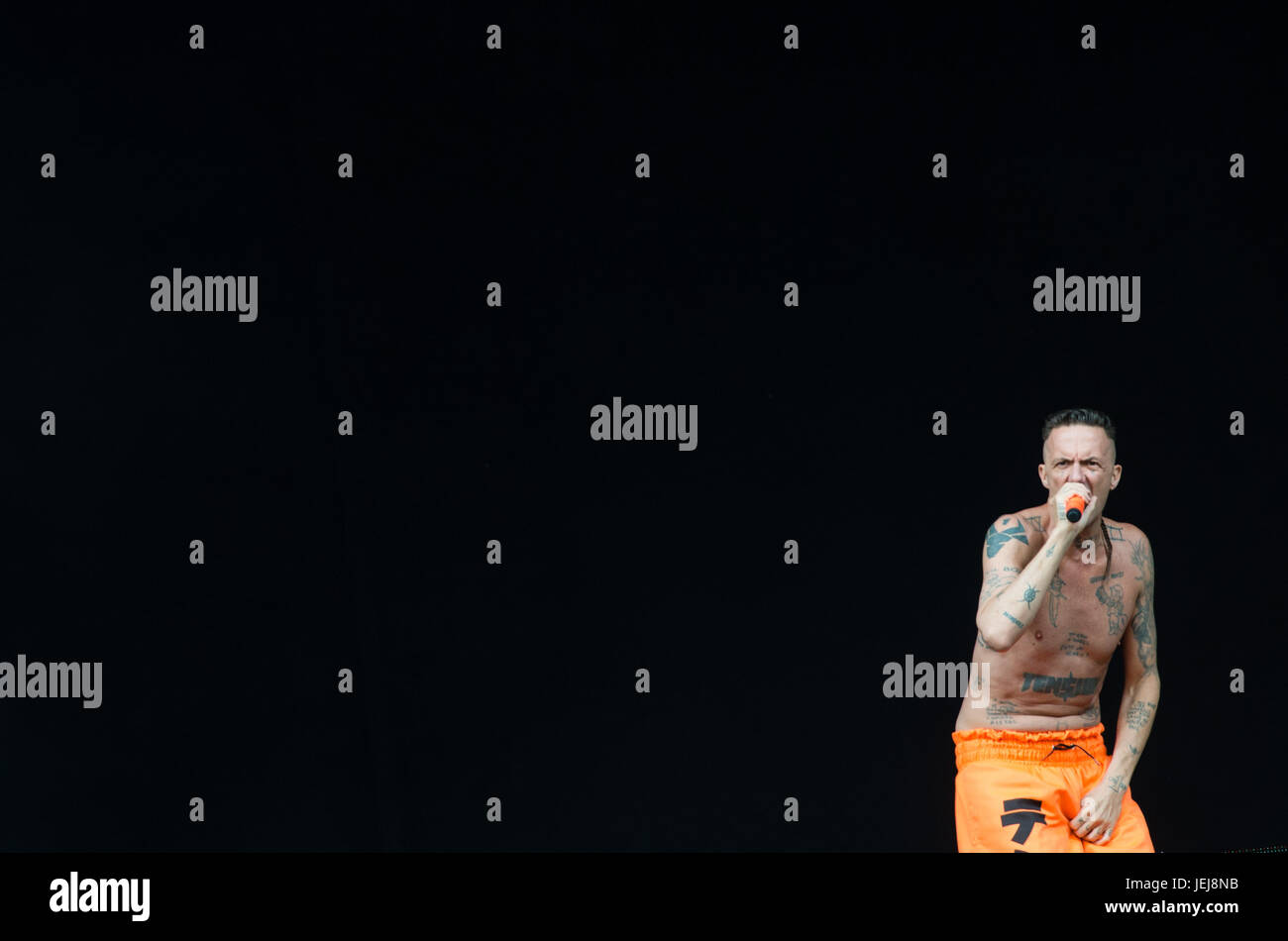 Scheessel, Germany. 25th June, 2017. Rapper Ninja of the band 'Die Antwoord' performs on the last day of the music festival Hurricane in Scheessel, Germany, 25 June 2017. The 21st edition of the festival took place from 21st to 25th June. Photo: Sebastian Gollnow/dpa/Alamy Live News Stock Photo