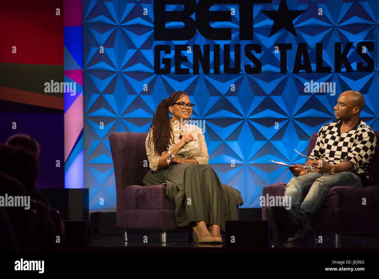 Los Angeles,USA. 24th June,2017. Ava DuVernay (L) Charlamagne tha God day one Genius Talks,sponsored by AT&T,during 2017 BET Experience Los Angeles Convention Center June 24,2017 Los Angeles,California. Stock Photo