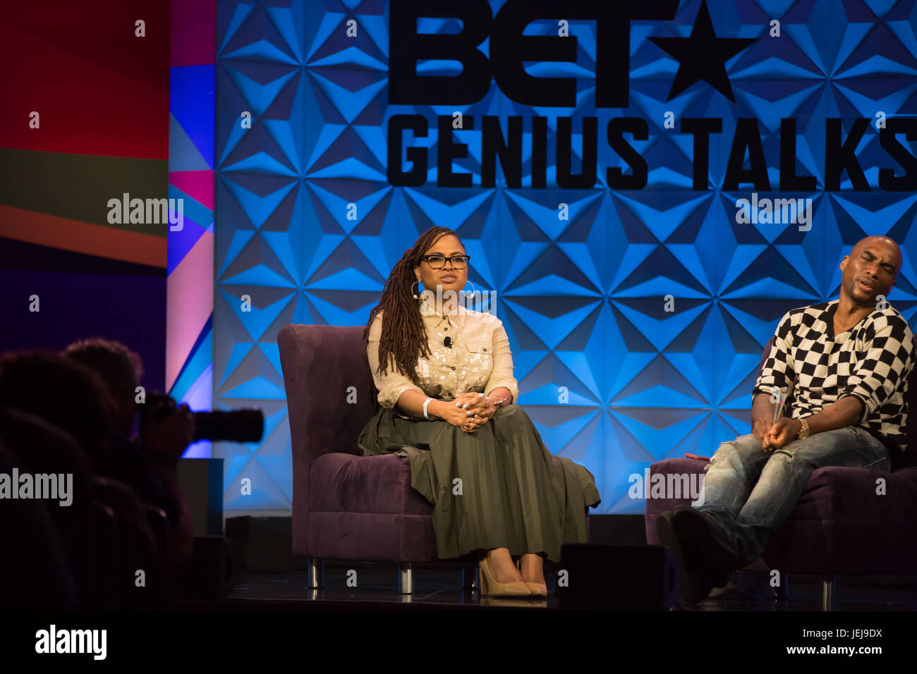 Los Angeles,USA. 24th June,2017. Ava DuVernay (L) Charlamagne tha God day one Genius Talks,sponsored by AT&T,during 2017 BET Experience Los Angeles Convention Center June 24,2017 Los Angeles,California. Stock Photo