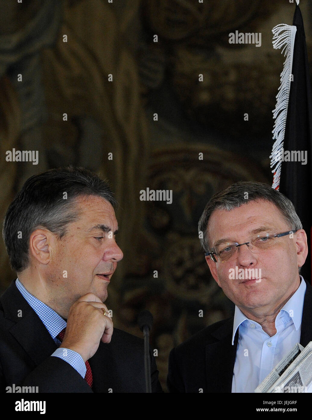 German Foreign Minister Sigmar Gabriel (left) and Czech Foreign Minister Lubomir Zaoralek attend the press conference after their meeting in Prague, Czech Republic, on June 24, 2017. Zaoralek rejected comparing the European Union with the former Warsaw Pact and life conditions in the former eastern bloc in reaction to a question about President Milos Zeman's recent statement. (CTK Photo/Ondrej Deml) Stock Photo