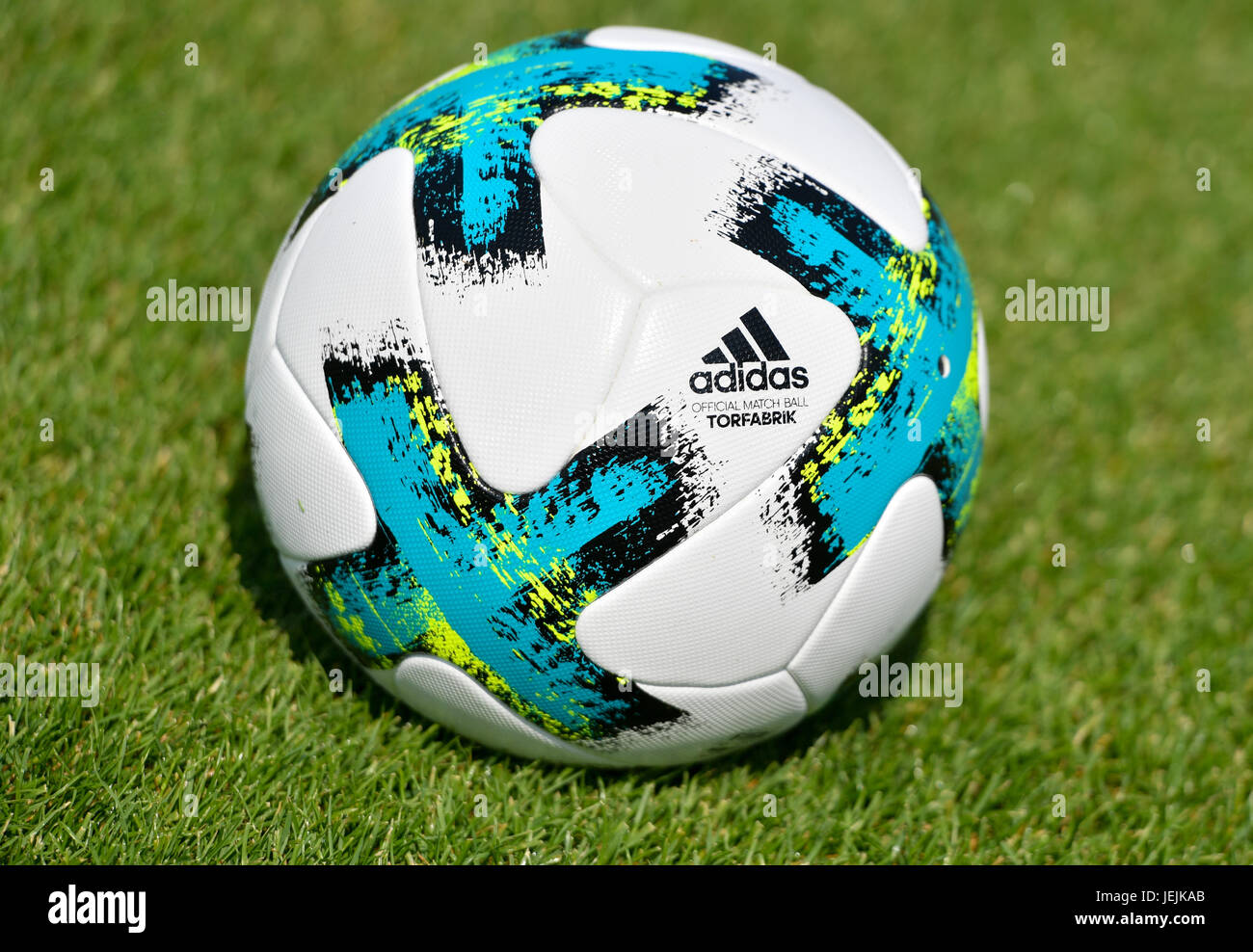 Darmstadt, Germany. 21st June, 2017. The official soccer ball "Torfabrik"  of the manufacturer Adidas for the Bundesliga Season 2017/2018 can be seen  during a training session of the SV Darmstadt 98 in