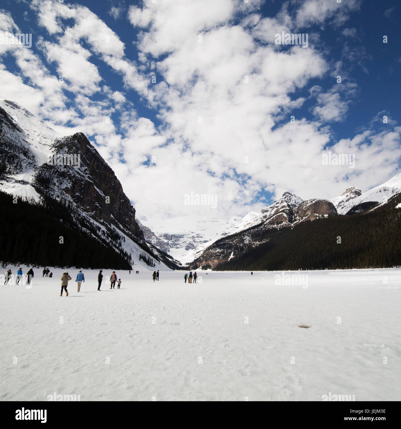 People on the frozen surface of Lake Louise in Alberta, Canada Stock ...