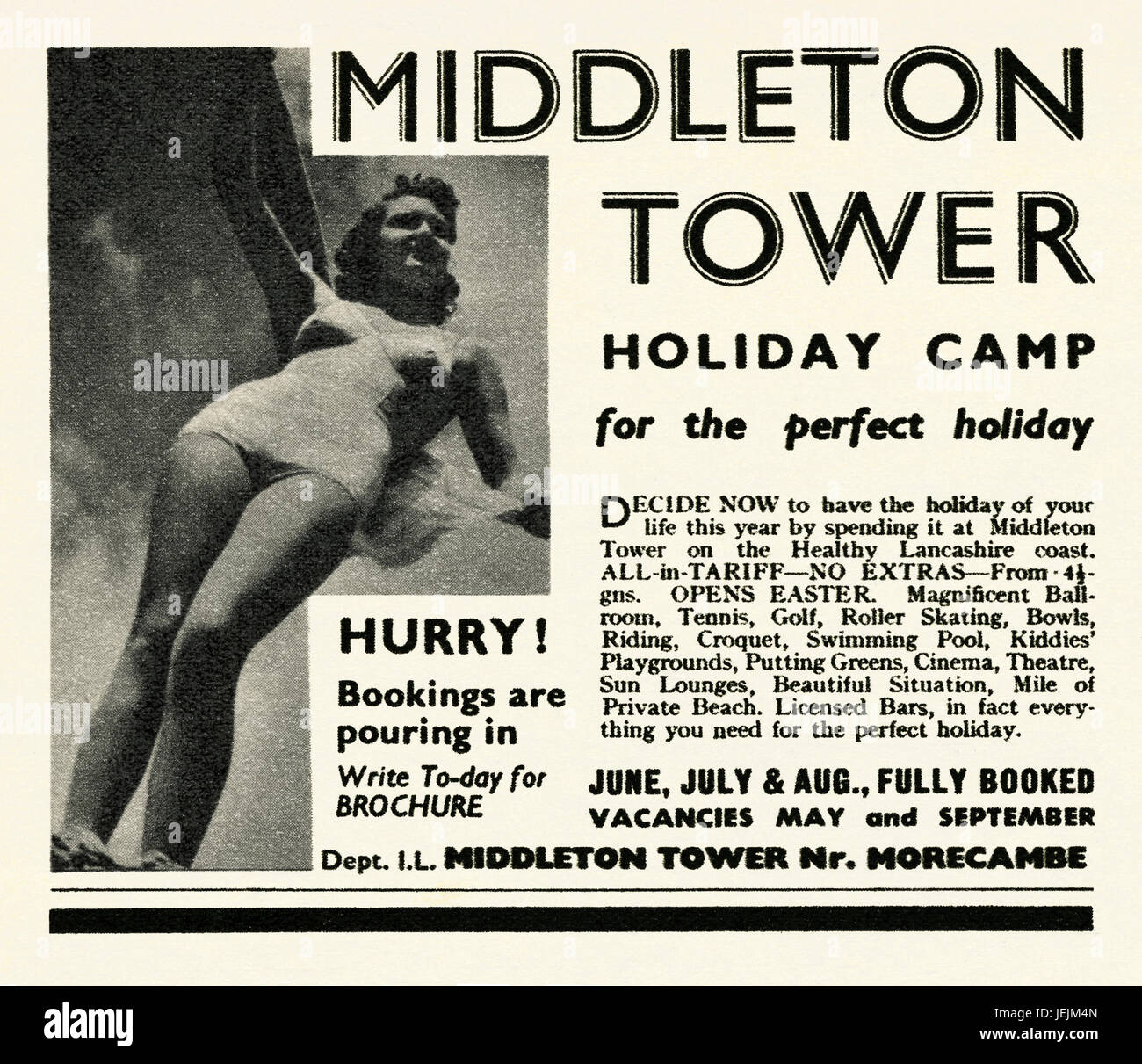 An advert for Middleton Tower Holiday Camp, near Morecambe and Heysham, Lancashire, England, UK - it appeared in a magazine published in the UK in 1947 Stock Photo
