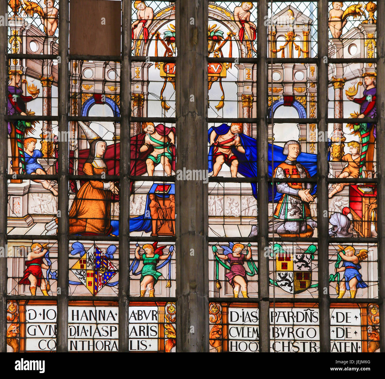 Stained Glass window in St Gummarus Church in Lier, Belgium, depicting Philip I the Fair and Joanna of Castile Stock Photo
