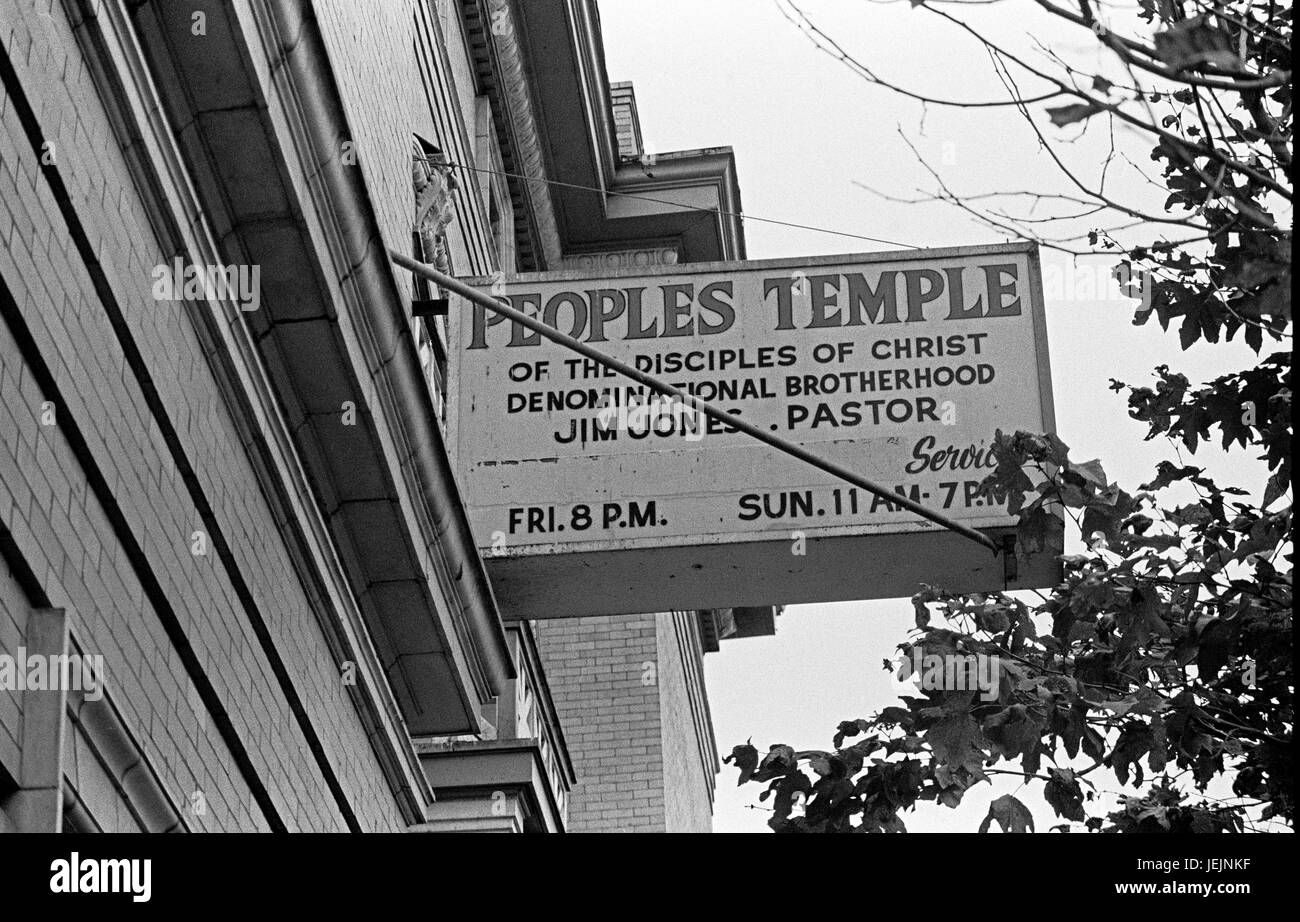 Peoples Temple, Pastor Jim Jones, sign, San Francisco, CA 11/20/78 Stock Photo