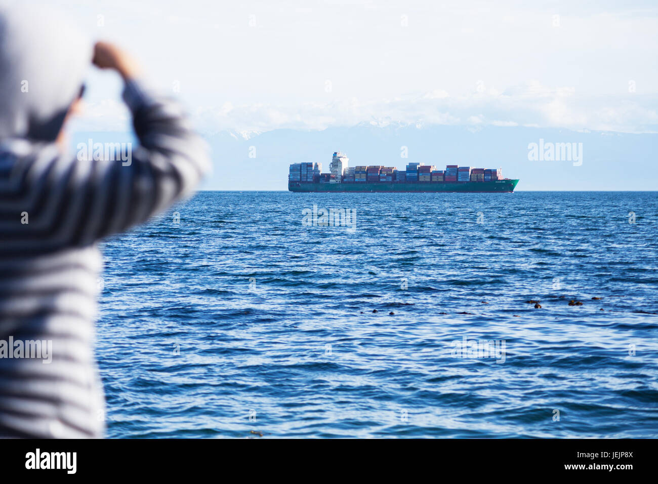 Cargo ship carrying containers in Juan de Fuca Strait. Victoria BC