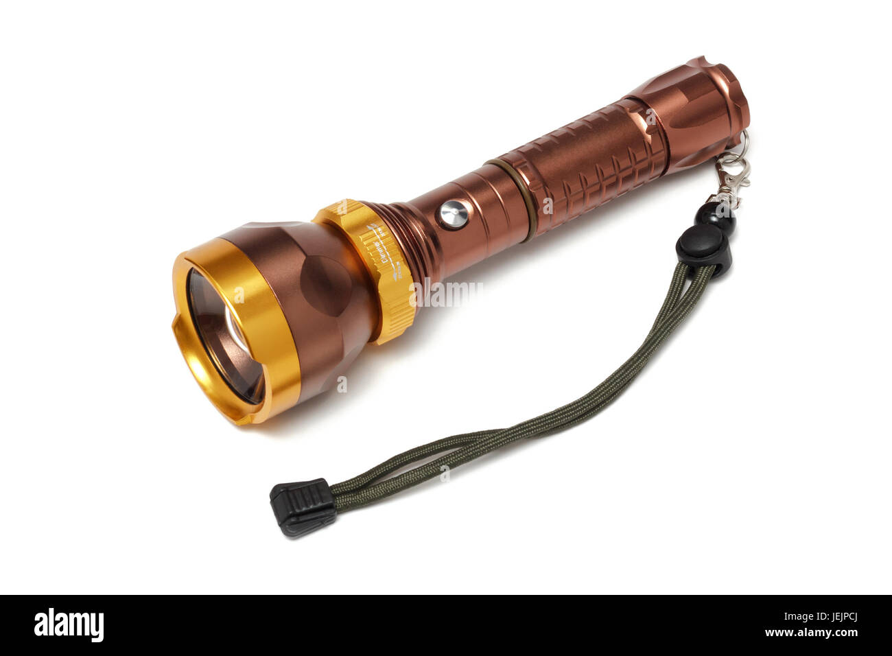 Flashlight LED bronze color with metal hull isolated on white Stock Photo