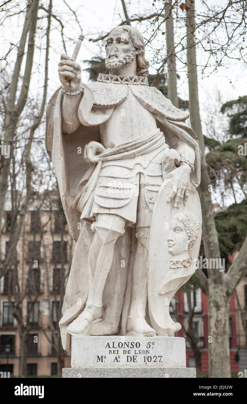 Madrid, Spain - february 26, 2017: Sculpture of Alfonso V King at Plaza de Oriente, Madrid. He was King of Leon 999 to 1028 Stock Photo