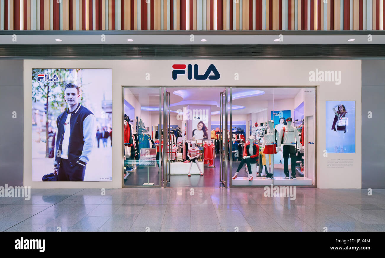 BEIJING-AUGUST 21, 2015. Front of Fila outlet. Founded in 1911 in Italy, one of the world's largest sportswear companies. Stock Photo