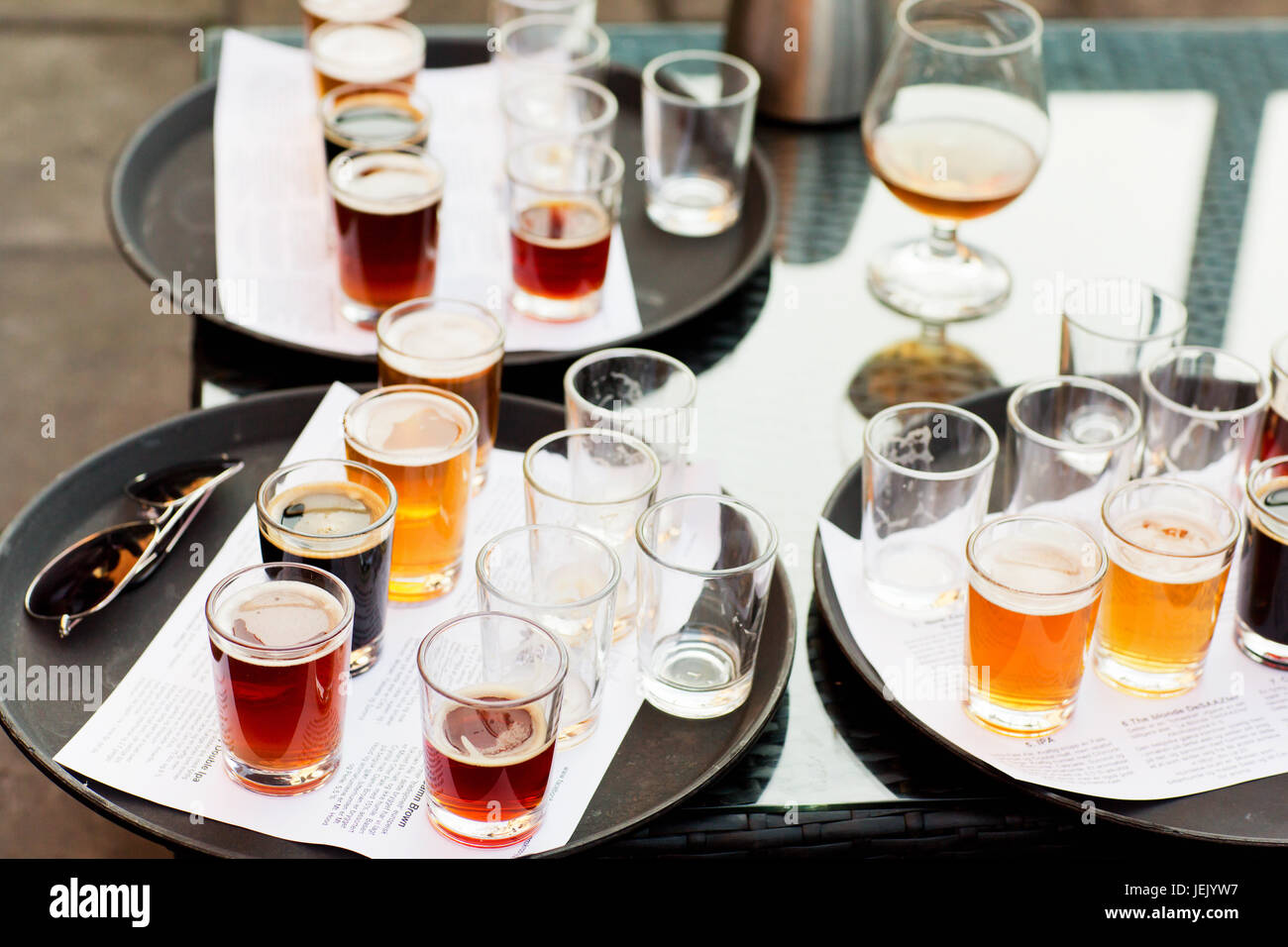 Beer pints on trays Stock Photo