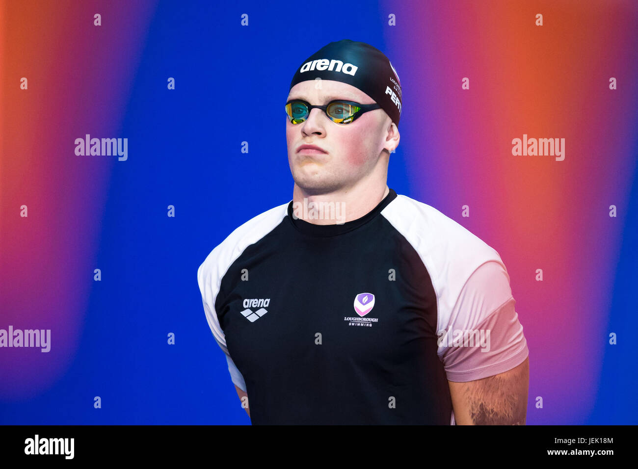 Adam Peaty prepares to compete in the British Swimming Championships at Ponds Forge, Sheffield on April, 18, 2017. Stock Photo