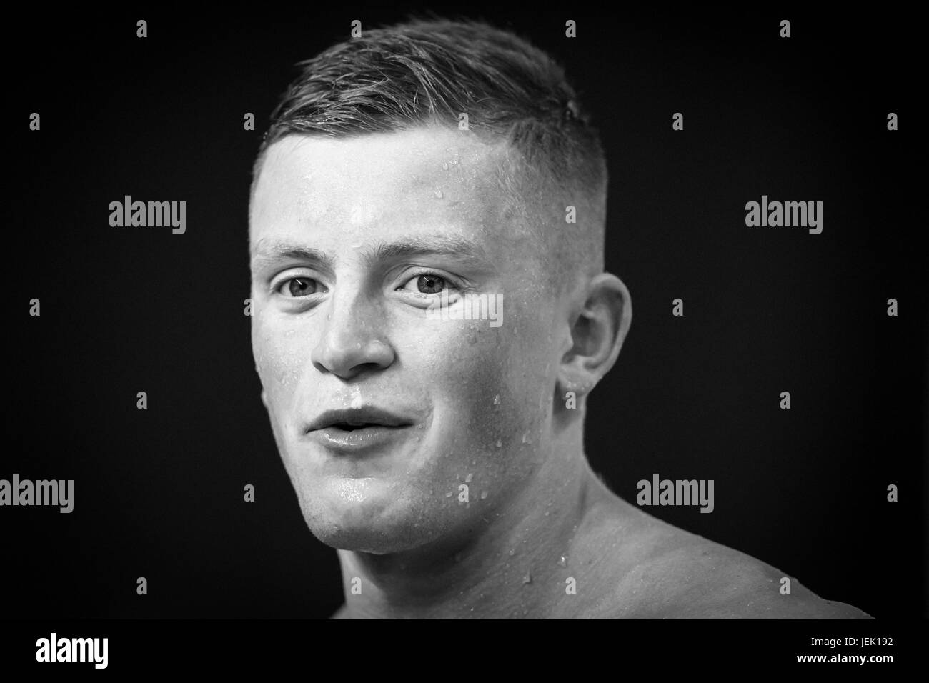 Adam Peaty smiles after competing at the British Swimming Championships at Ponds Forge, Sheffield on April, 18, 2017. Stock Photo