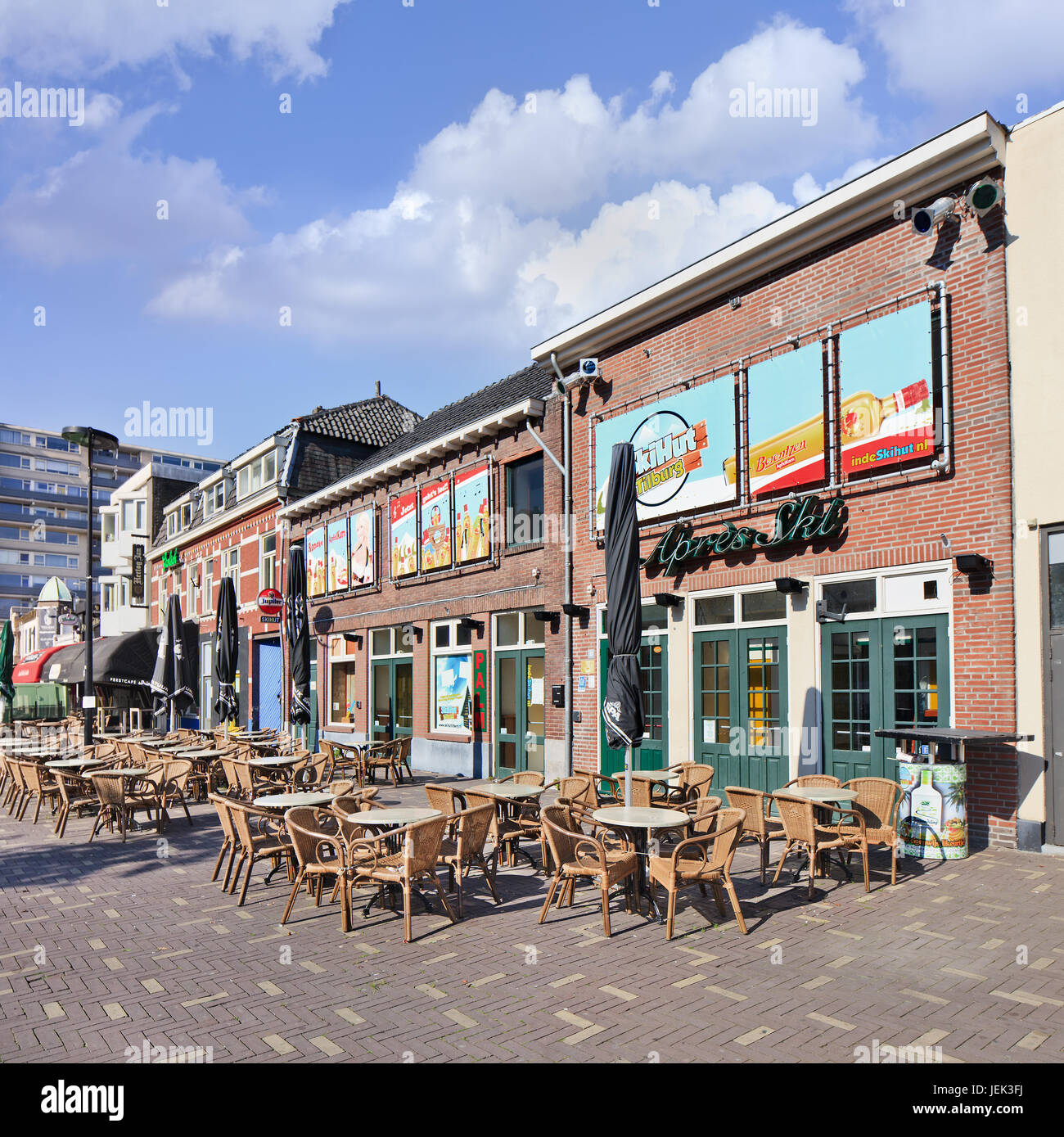 Cafes with terraces at Palace Ring in Tilburg. Its entertainment area and hospitality industry offers a lot with a very high pub density per student. Stock Photo