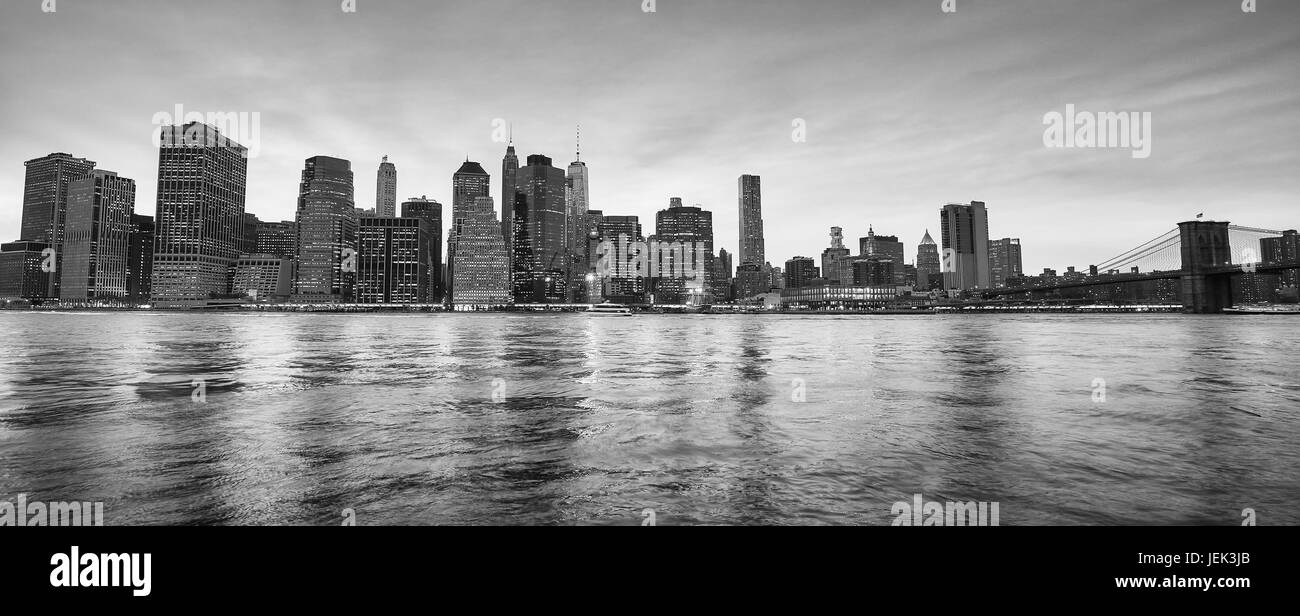 Panoramic picture of New York City skyline at dusk, USA. Stock Photo