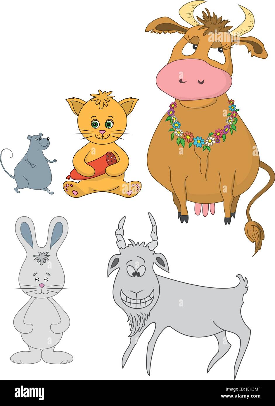 Set cartoon animals: cow, cat with sausage, mouse, goat, rabbit. Vector illustration Stock Vector