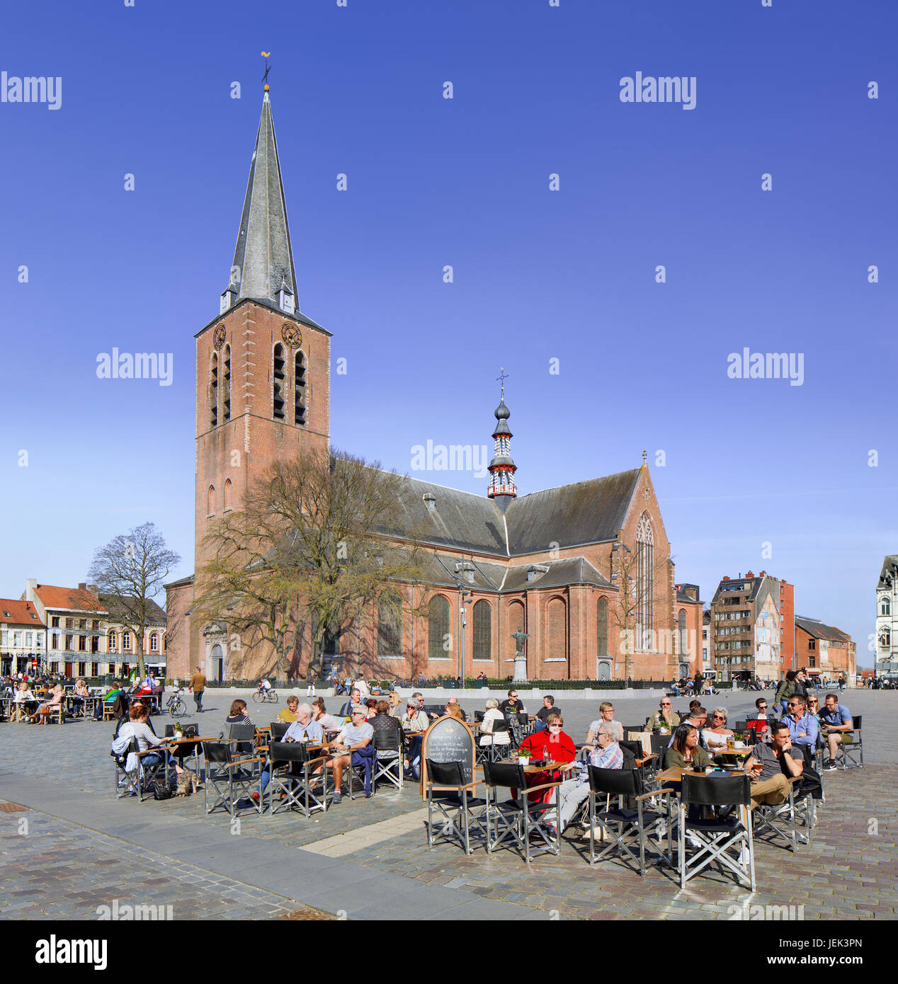 TURNHOUT-MARCH 28, 2017. Local tourists enjoy a terrace in Turnhout, Belgium. In recent years, hospitality industry was fastest-growing for emplyment. Stock Photo