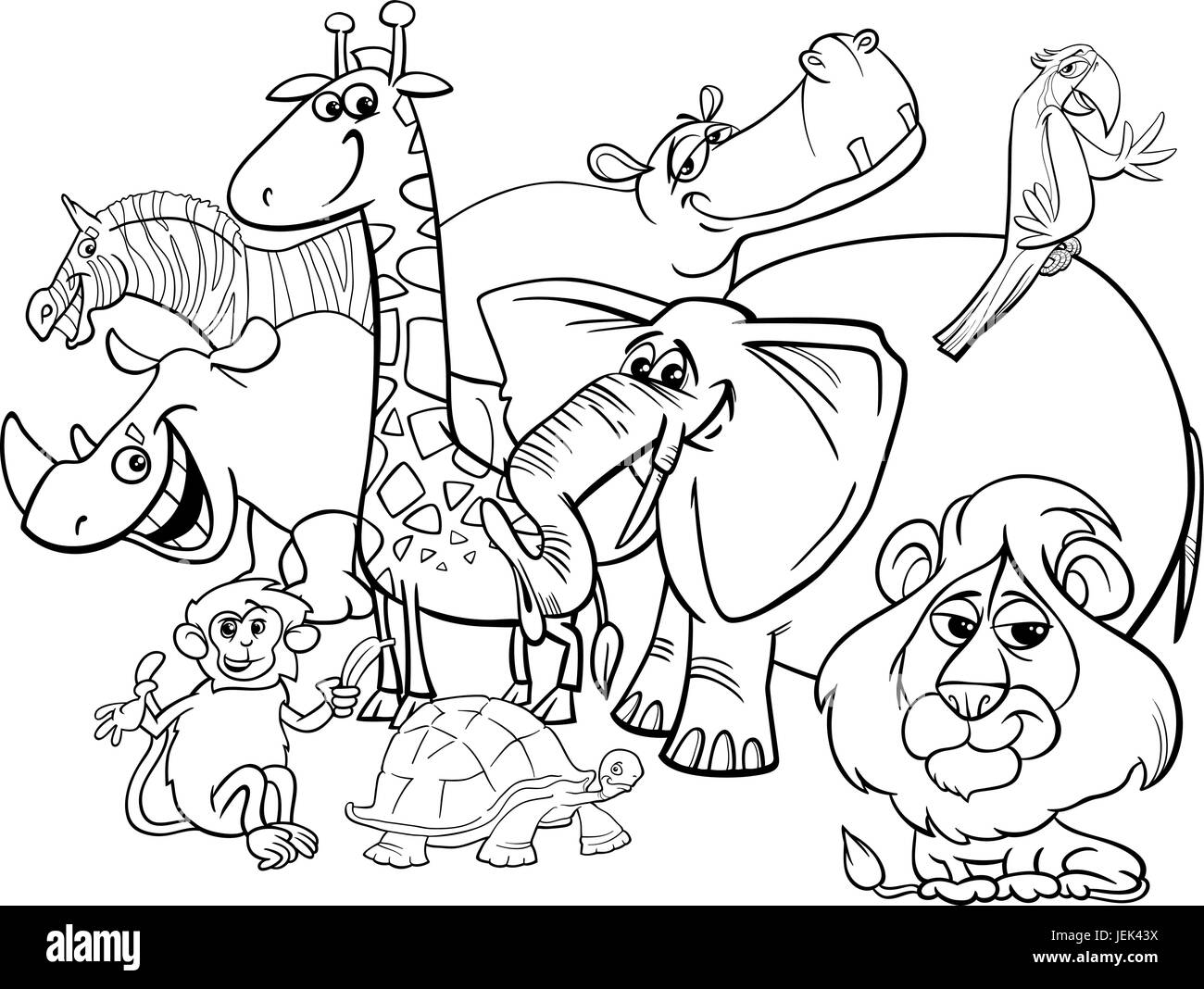Black and White Cartoon Illustration of Safari Wild Animal Characters