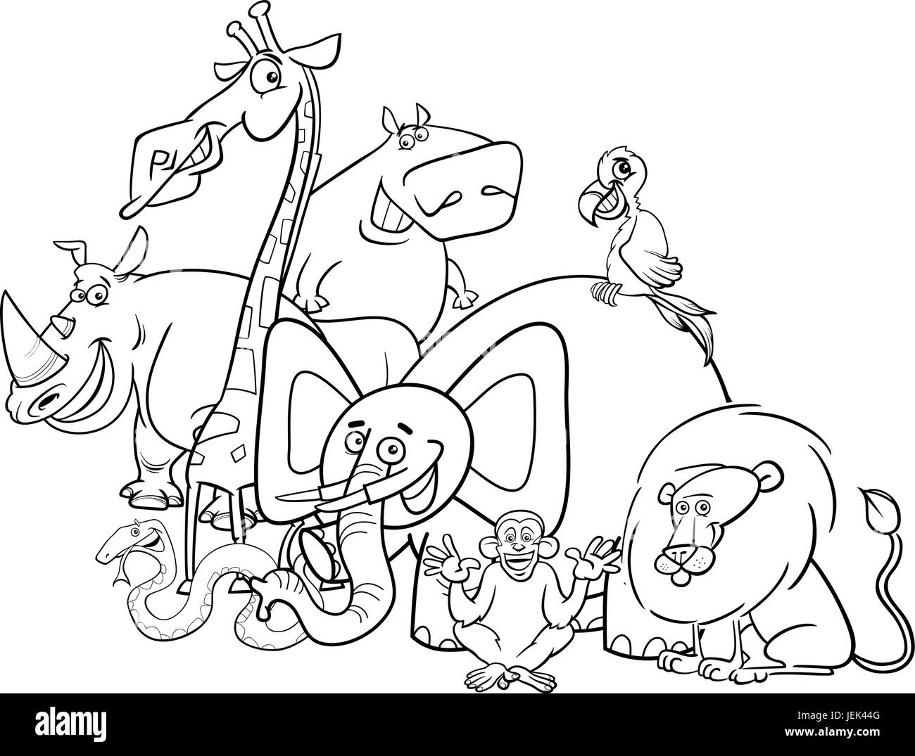 Black and White Cartoon Illustration of Safari Animal Characters Group Coloring Book Stock Vector
