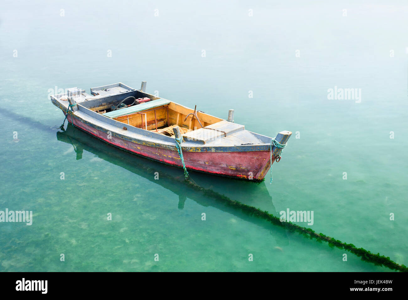 Old weathered wooden boat moored in greenish water Stock Photo - Alamy
