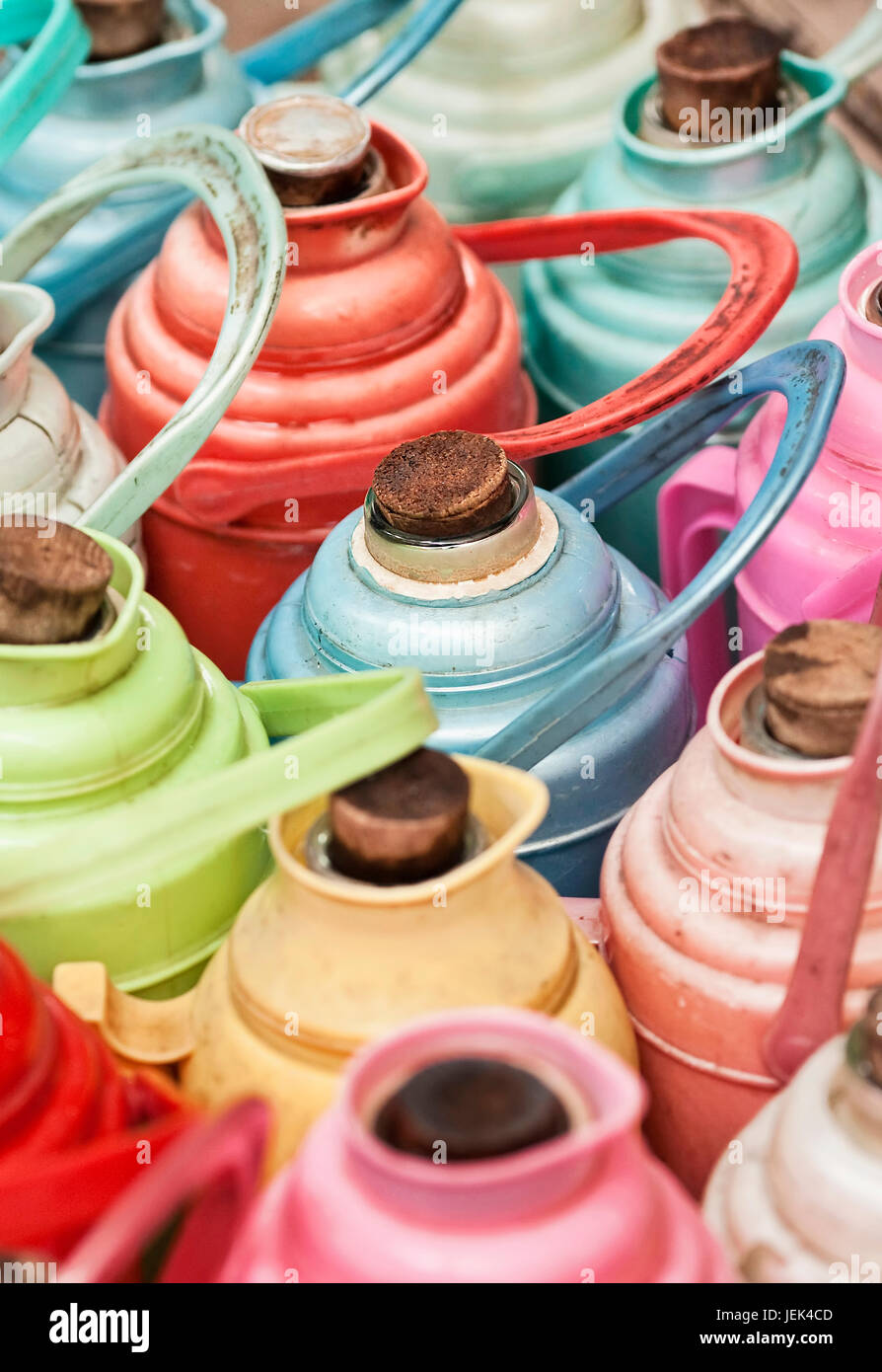 Arrangement of multicolored Chinese thermos jugs Stock Photo - Alamy