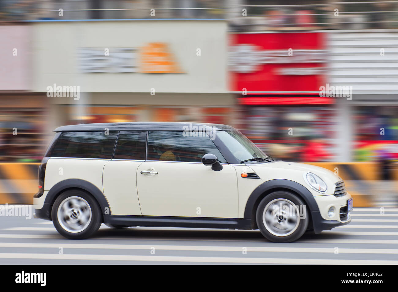 YIWU-CHINA-JAN. 2016. Mini Cooper D Clubman. Despite Mini sales rose 17.8% in 2015, BMW will face a sales drop in China caused by an economic slowdown Stock Photo