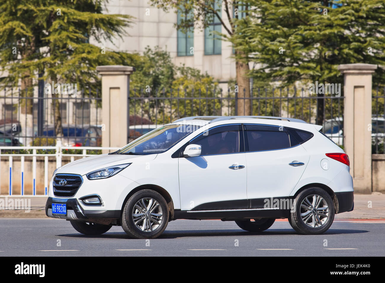 White Hyundai IX 35 SUV on the street. Hyundai car sales in China increased 11.2 percent in 2015, keeping an upward trend for the South Korean brand. Stock Photo