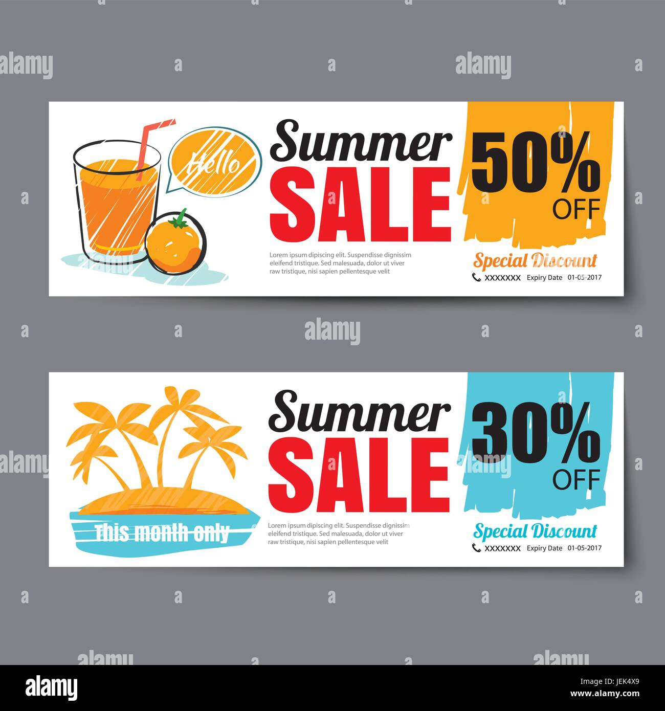 Summer sale voucher template.Discount coupon. Banner hand drawn flat