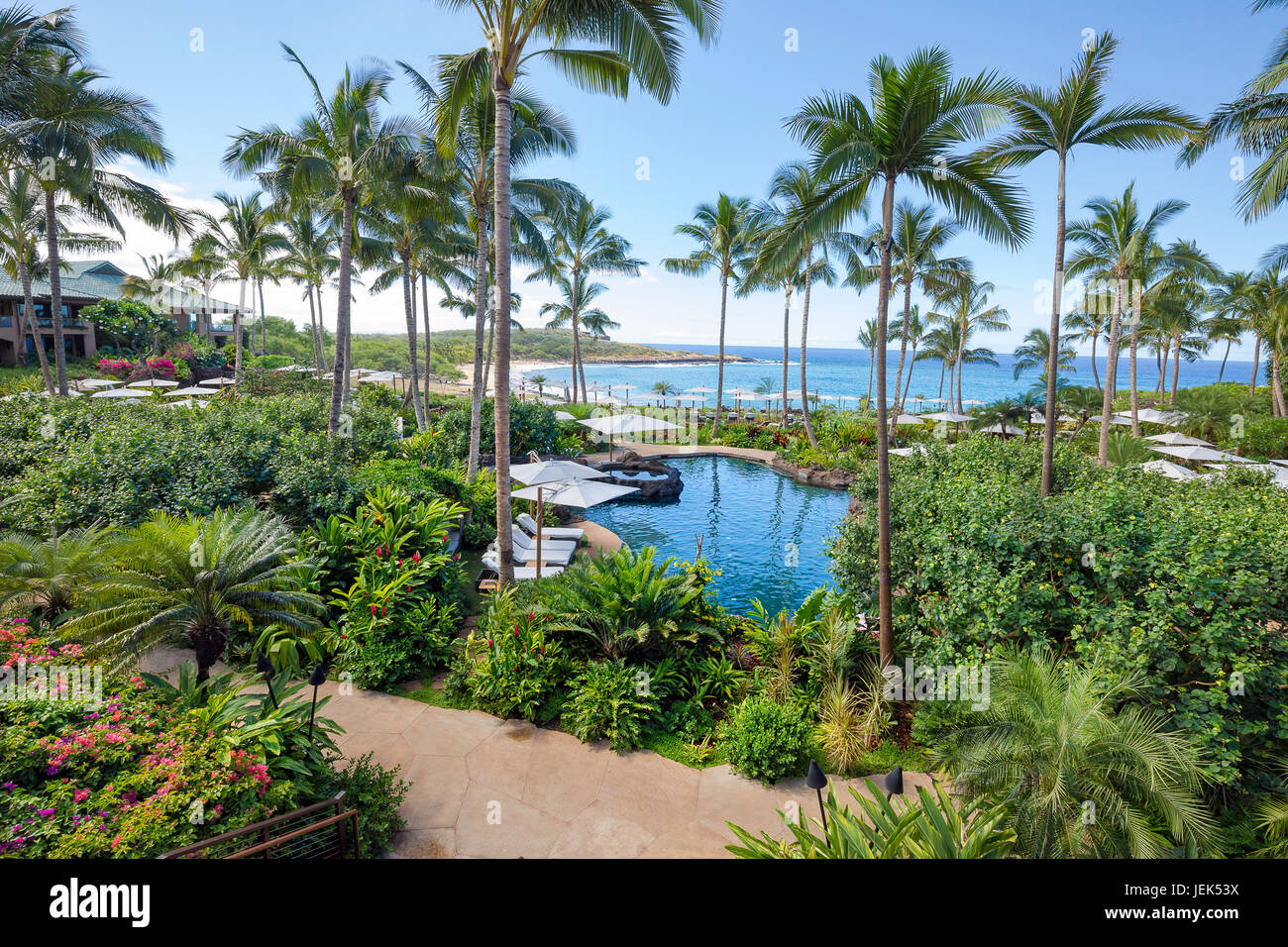 A 2017 view of Hulopoe Beach from the newly renovated Four Seasons Resort Lanai at Manele Bay, Lanai, Hawaii. Stock Photo