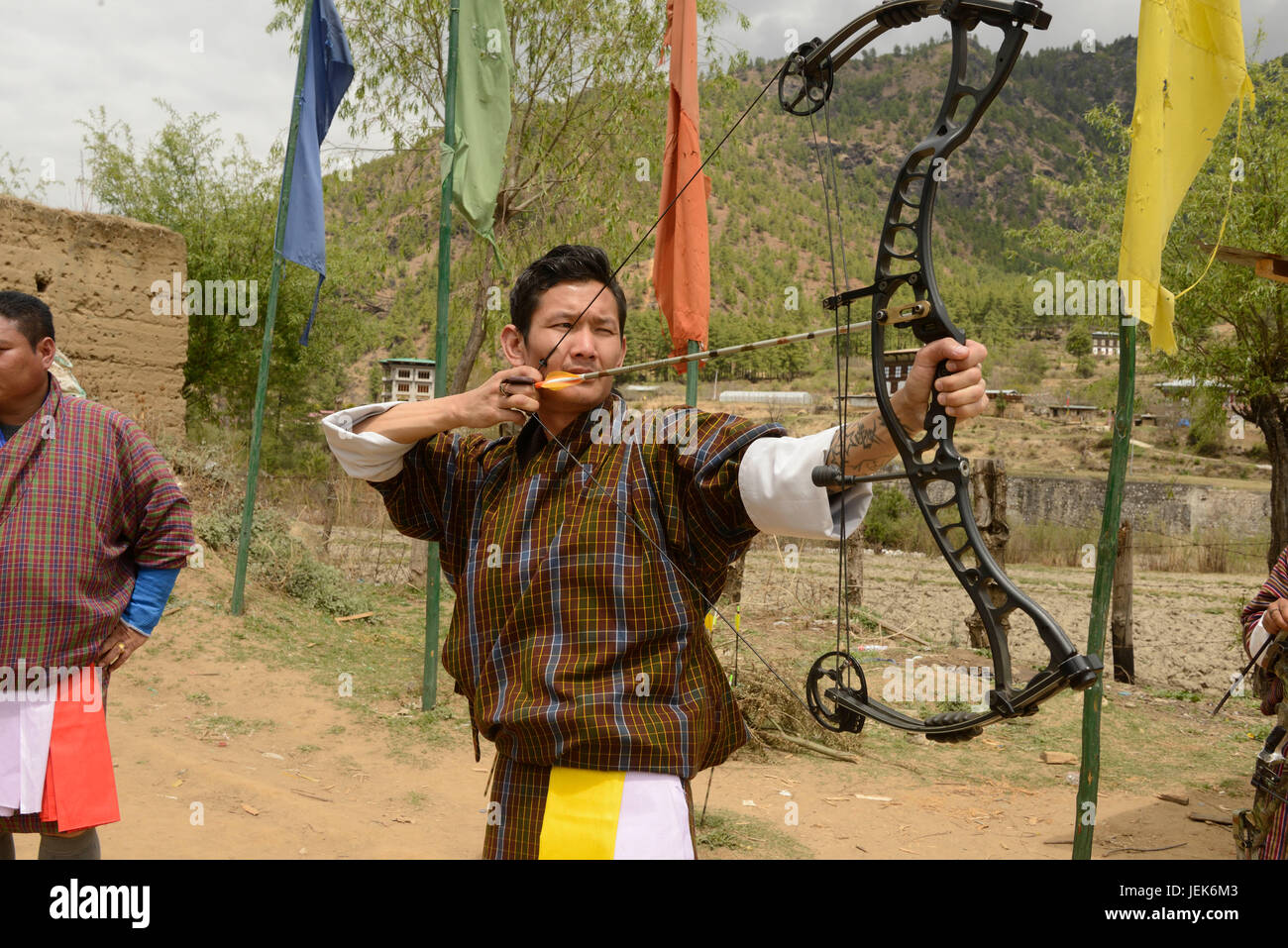 Man practicing national sport of archery, Thimphu, Bhutan, asia Stock Photo