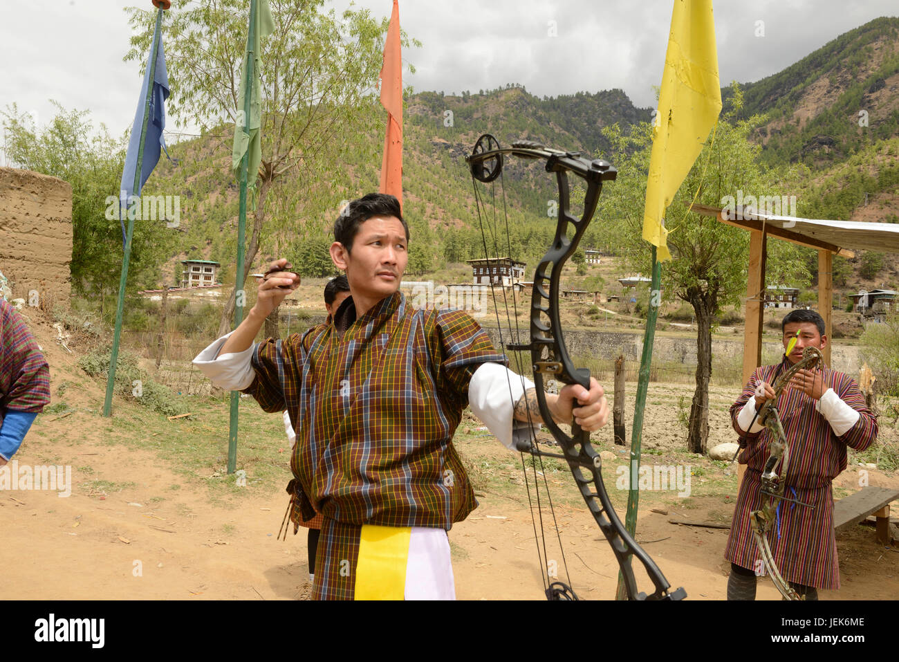 Man practicing national sport of archery, Thimphu, Bhutan, asia Stock