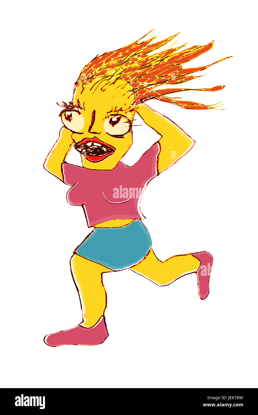 Crazy Woman Running Drawing Stock Photo