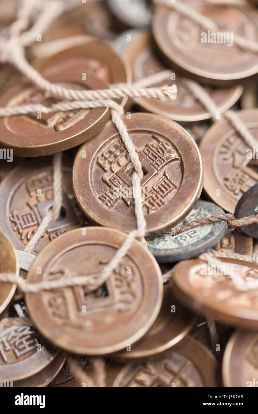 Antique Chinese coins displayed on Panjiayuan Market, located in south east Beijing, China. Stock Photo