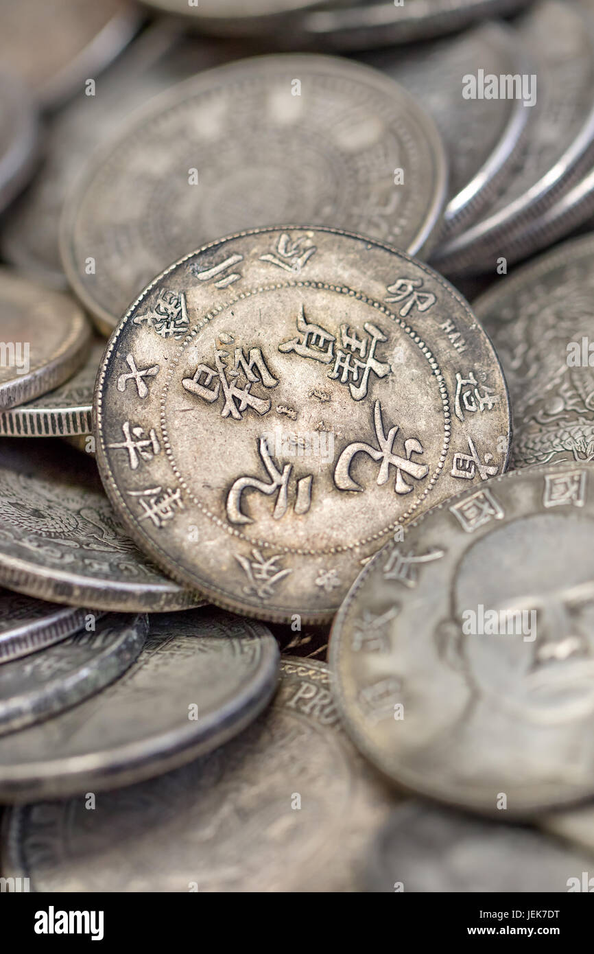 Ancient Chinese coins, displayed at Panjiayuan Flea Market, Beijing, China Stock Photo