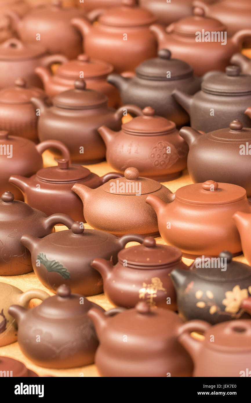 BEIJING-MAY 29, 2016. Teapots at Panjiayuan market. With an area of 48,500 square meters, it is the largest and most complete market selling antiques. Stock Photo