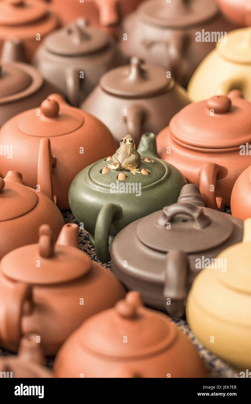 BEIJING-MAY 29, 2016. Teapots at Panjiayuan market. With an area of 48,500 square meters, it is the largest and most complete market selling antiques. Stock Photo