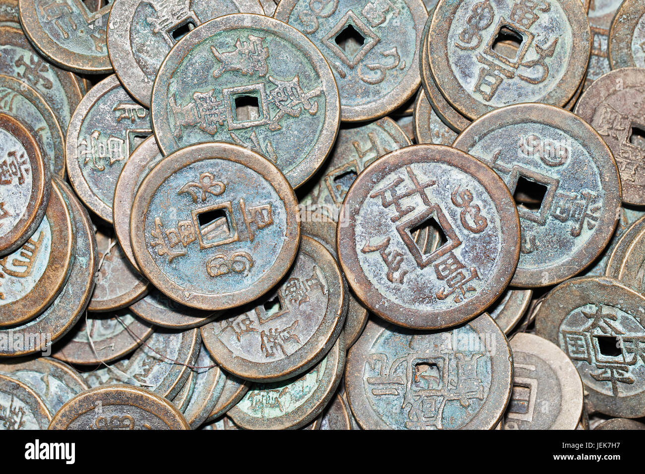 Collection ancient Chinese coins displayed an Panjiayuan Market