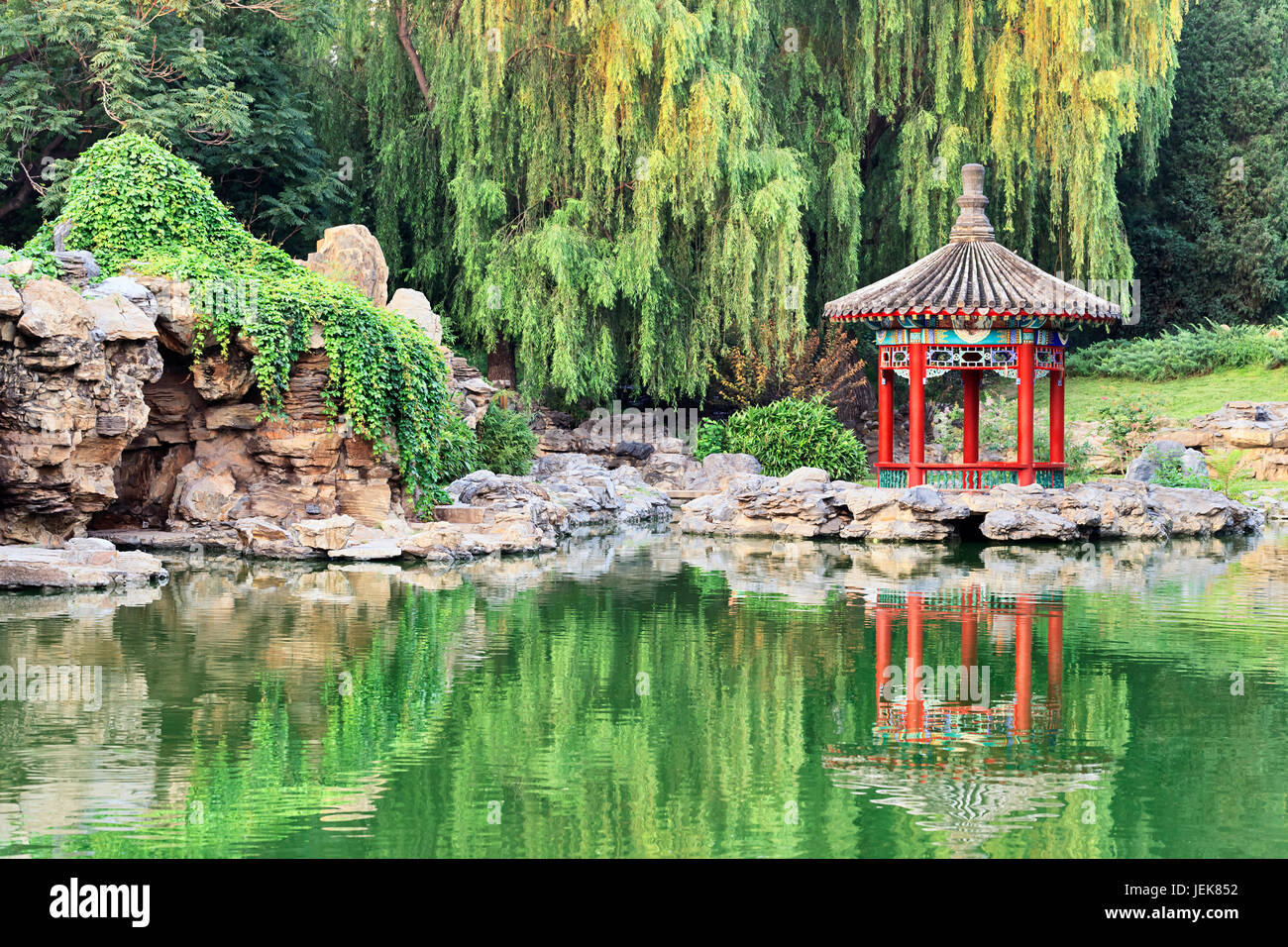Ornate pavilion mirrored in a lake of the historical Ritan Park which means ' Park of the Sun', Beijing, China Stock Photo