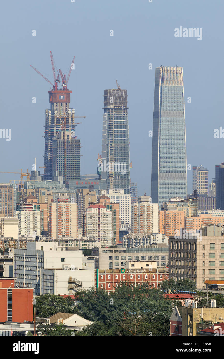 BEIJING-JULY 26, 2016. Skyscrapers in Beijing CBD: China World Trade Center Tower 3, 330m, China Zun Tower, 528m (under construction). Stock Photo