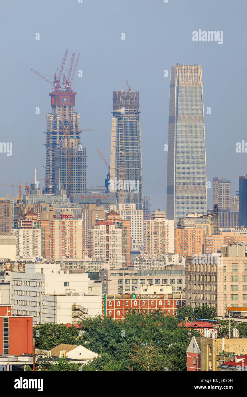 BEIJING-JULY 26, 2016. Skyscrapers in Beijing CBD: China World Trade Center Tower 3, 330m, China Zun Tower, 528m (under construction). Stock Photo